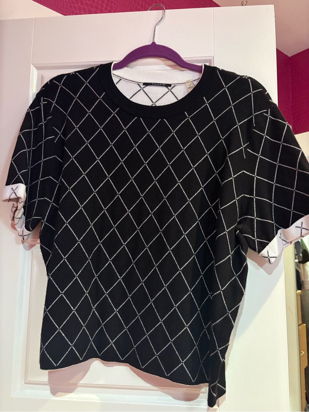 T Tahari Black Short-Sleeve Diamond Grid Knit Top with White Trim